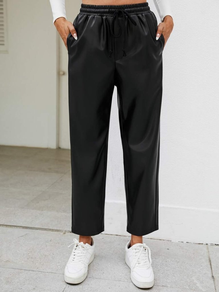 Kadın Yüksel Bel Bağcıklı Deri Pantolon - Görsel 2