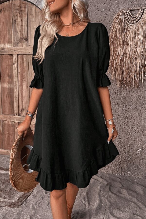 Kadın Kısa Kollu Kol Ve Eteği Volanlı Bisiklet Yaka Aerobin Elbise