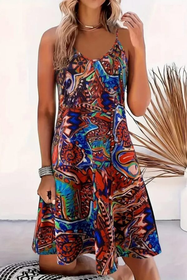 Kadın Grafiti Etnik Desenli Askılı Süprem Salaş Elbise