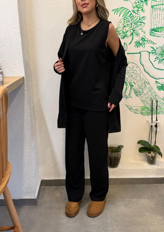 Kadın Uzun Kollu Ithal Krep Onu Açık Ceket Askılı Yuvarlak Yaka Bluz Ve Cepli Pantolon üçlü Takım - Görsel 6