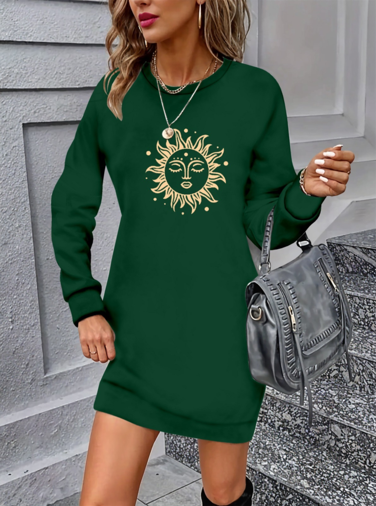 Kadın Uzun Kollu Bisiklet Yaka Güneş Desenli Viskon Iki Iplik Elbise - Görsel 12