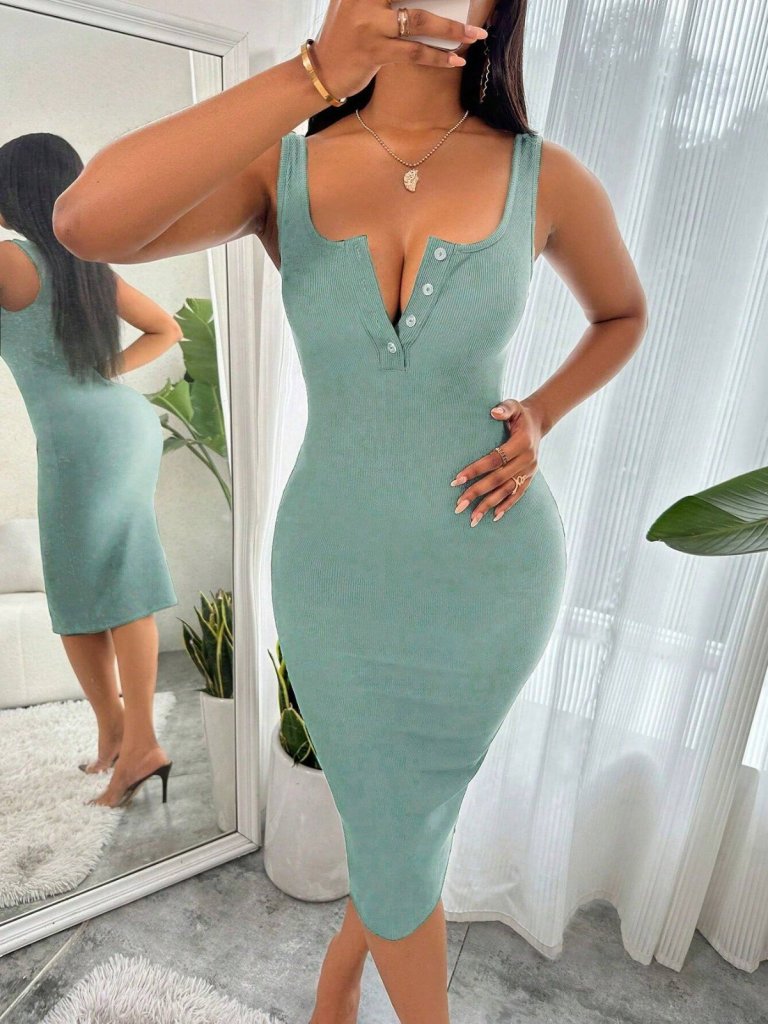 Kadın Askılı önü Düğmeli Midi Kaşkorse Elbise - Görsel 3