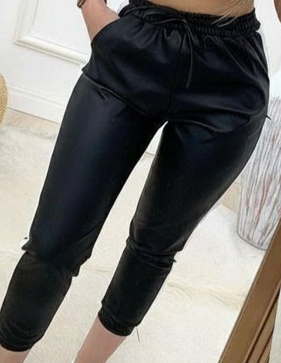 Kadın Yüksek Bel Lastikli Yan şerit Detaylı Deri Pantolon - Görsel 2