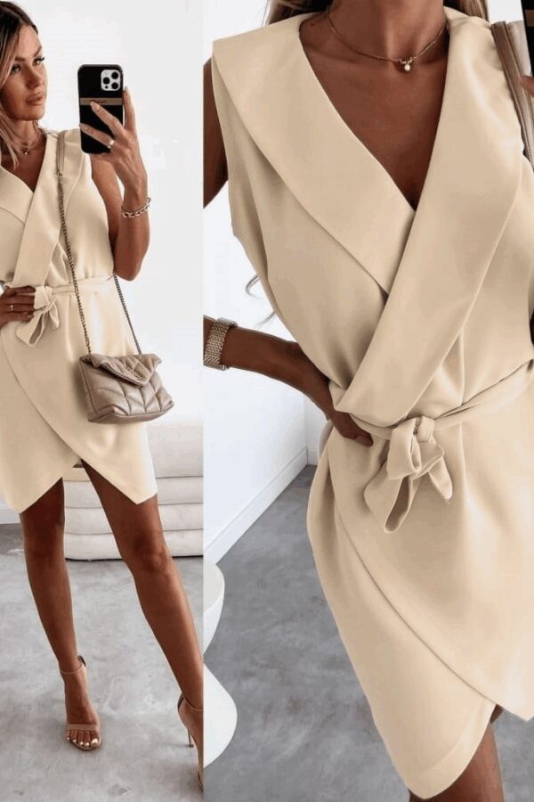 Kruvaze Yaka Kuşaklı Krep Kumaş Elbise