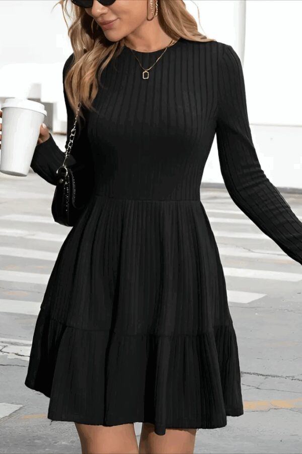 Kadın Uzun Kollu Bisiklet Yaka Katlı şardonlu Kaşkorse Kısa Elbise