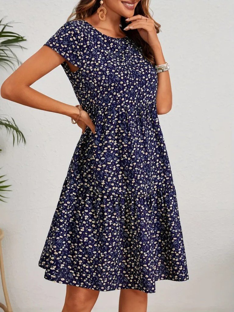 Kadın Kısa Kollu Bisiklet Yaka çiçek Desenli Süprem Elbise - Görsel 3