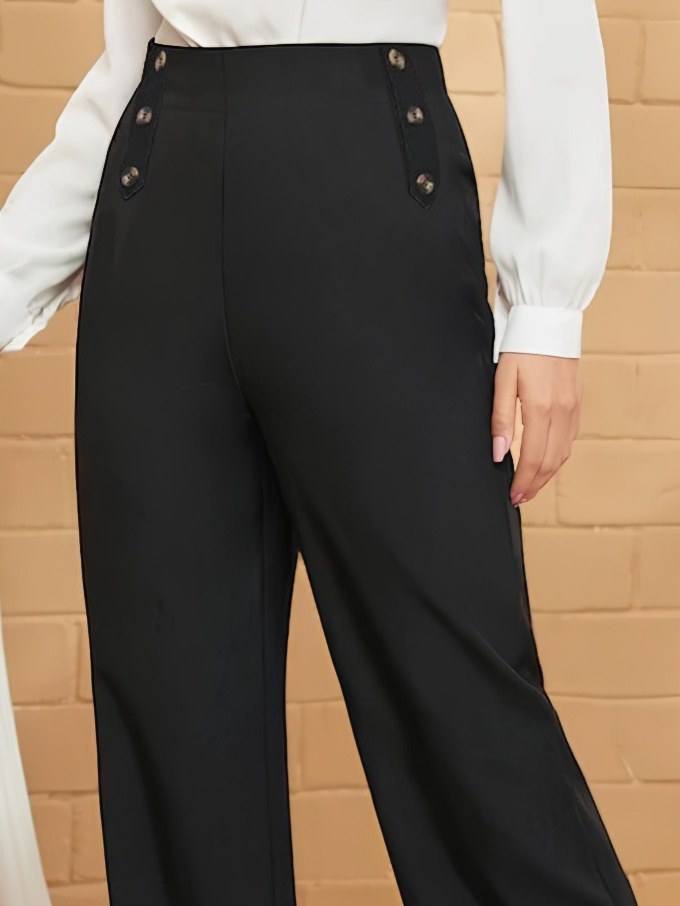 Kadın Düğme Detay Bol Paça Ithal Krep Pantolon - Görsel 6
