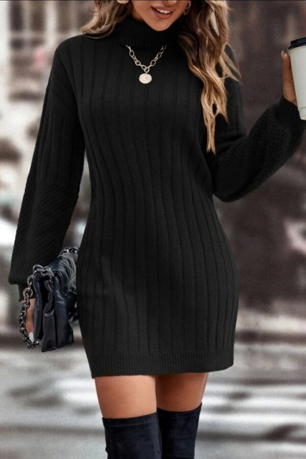 Kadın Uzun Kollu Boğazlı Uzun Balon Kol Triko Mini Elbise