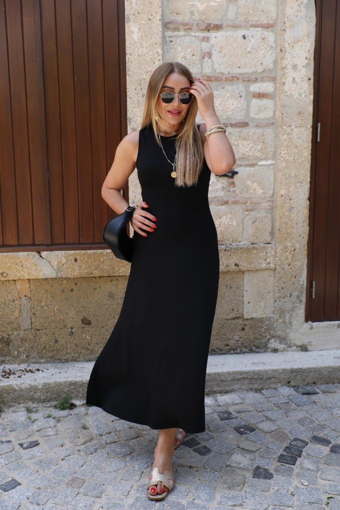 Kadın Kolsuz Sırttan çapraz Ip Detaylı Uzun Viskon Elbise - Görsel 3