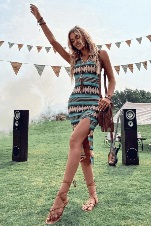 Kadın çok Renkli Yırtmaçlı Dizde Süprem Elbise