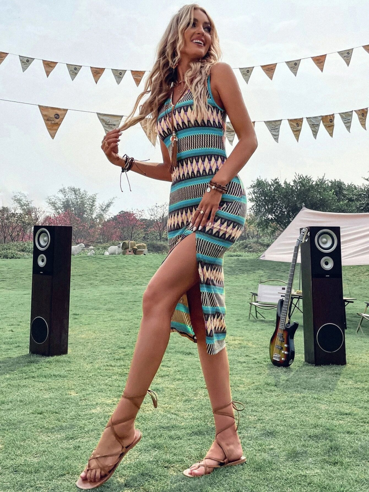 Kadın çok Renkli Yırtmaçlı Dizde Süprem Elbise - Görsel 6