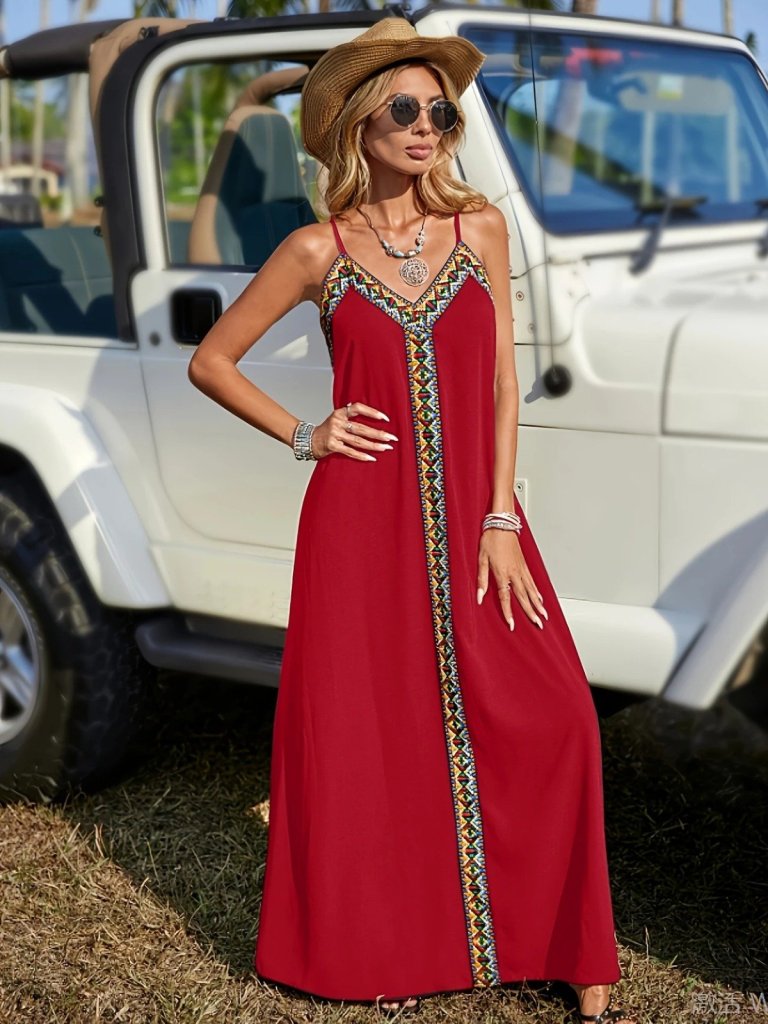 Kadın Askılı V Yakalı Etnik şerit Detaylı Uzun Viskon Elbise - Görsel 14