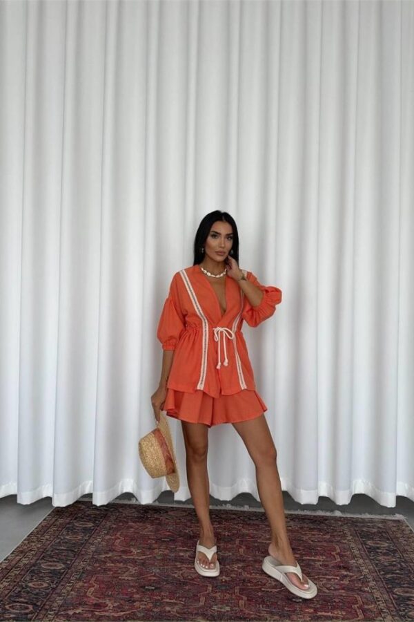 KETEN BEL BÜZGÜLÜ BLUZ-PANTOLON TAKIM - Orange