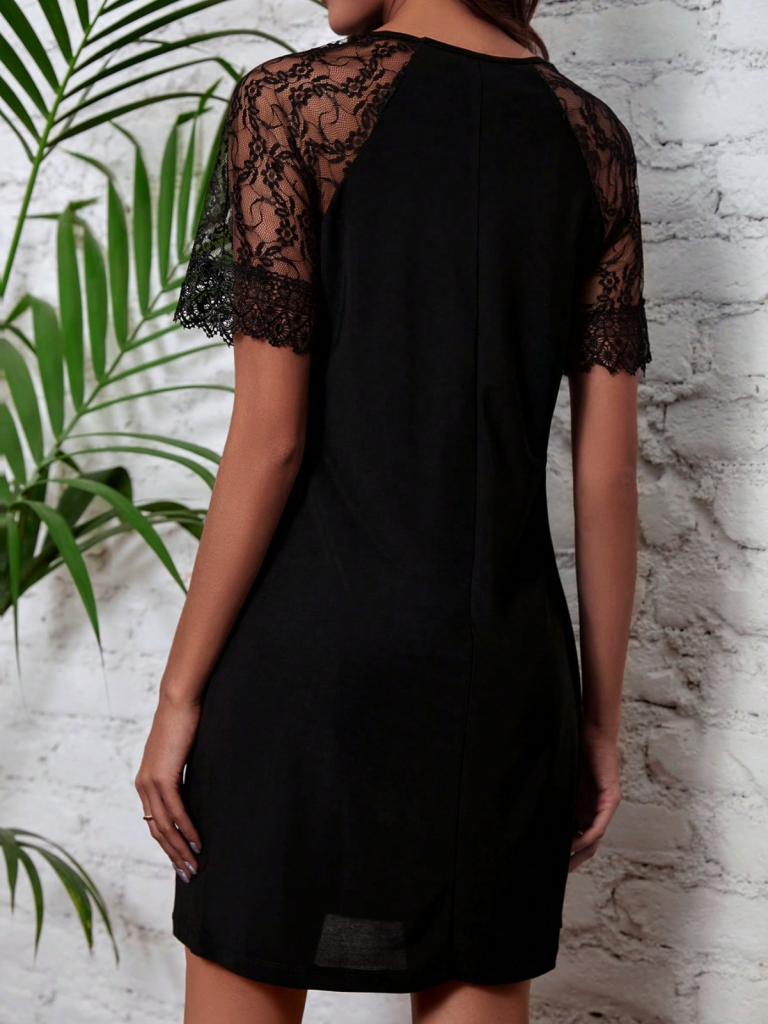 Kadın Dantelli Kısa Kollu Damla Yaka Krep Elbise - Görsel 8