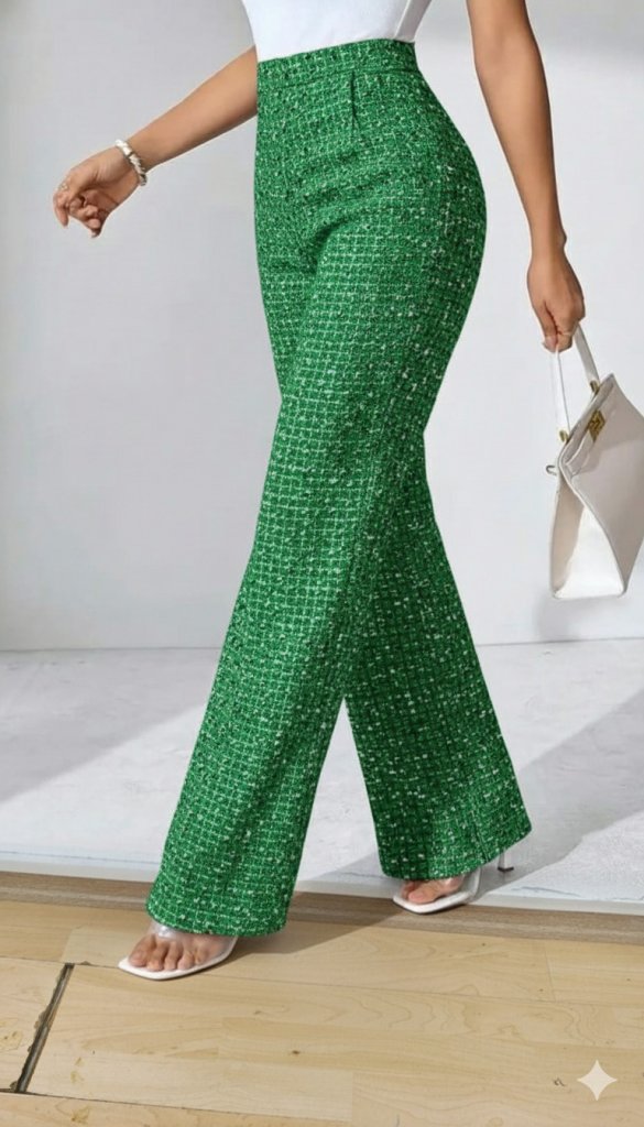 Kadın Yüksek Bel Paçaya Doğru Geniş Dokuma Pantolon - Görsel 7