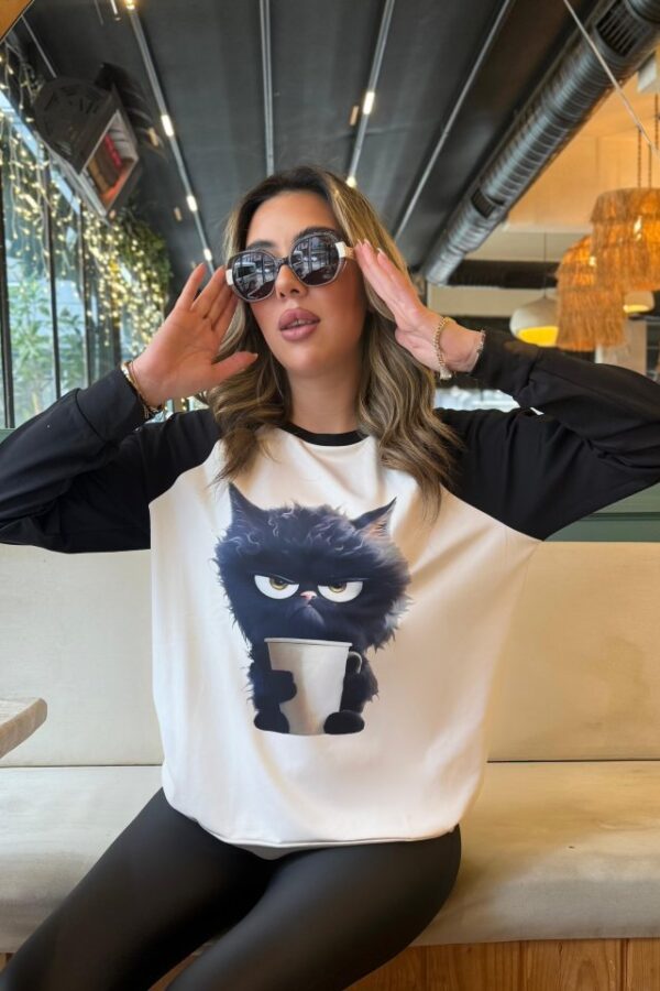 Kadın Uzun Kollu Bisiklet Yaka Kedi Baskılı şardonlu Dalgıç Bluz