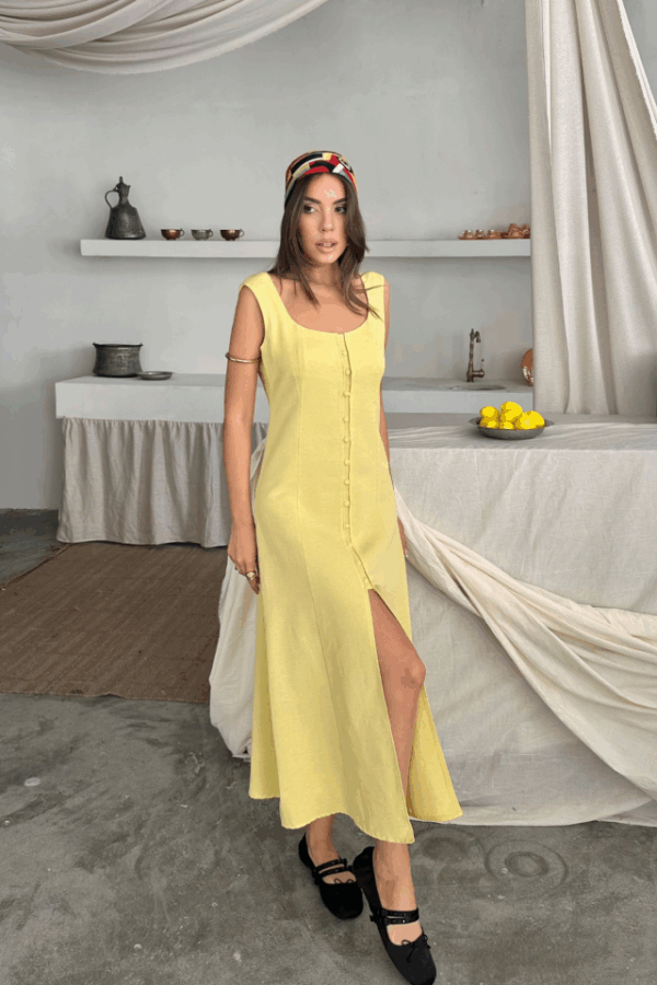 KETEN KOLSUZ KARE YAKA DÜĞME DETAYLI ELBİSE - Mint