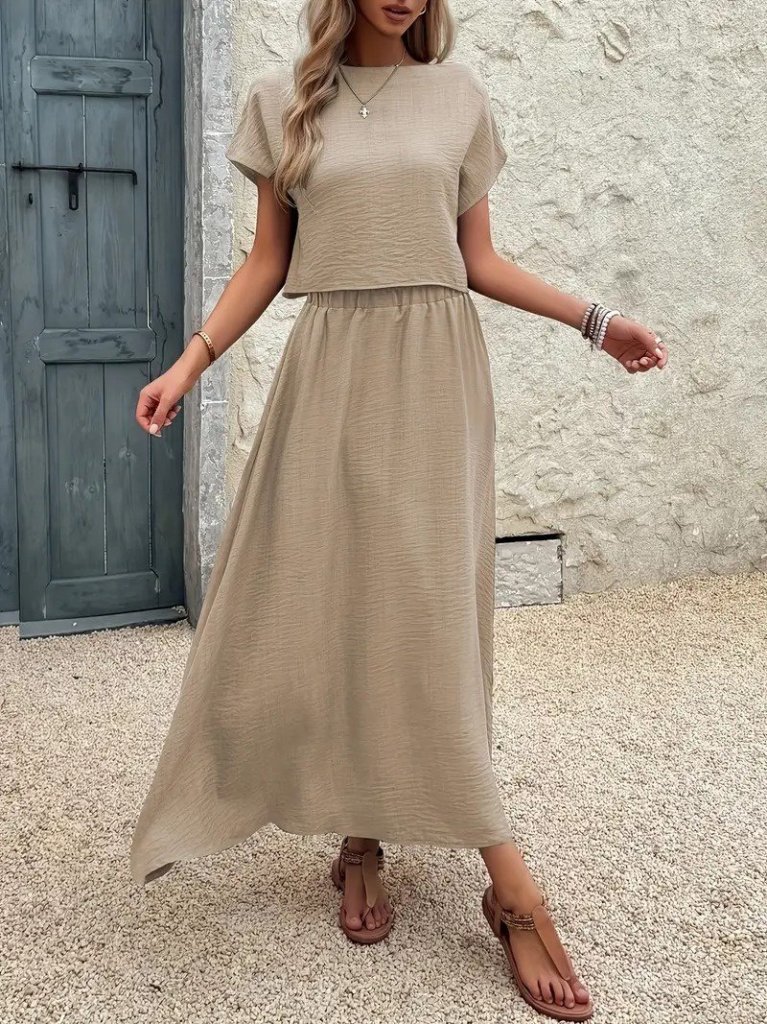 Kadın Kısa Kollu Bisiklet Yaka Bluz Etekli Ithal Keten Ikili Takım - Görsel 13