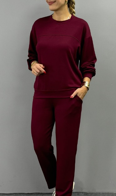 Kadın Uzun Kollu Bisiklet Yaka Viskon Iki Iplik Bluz Ve Pantolon Ikili Takım - Görsel 13