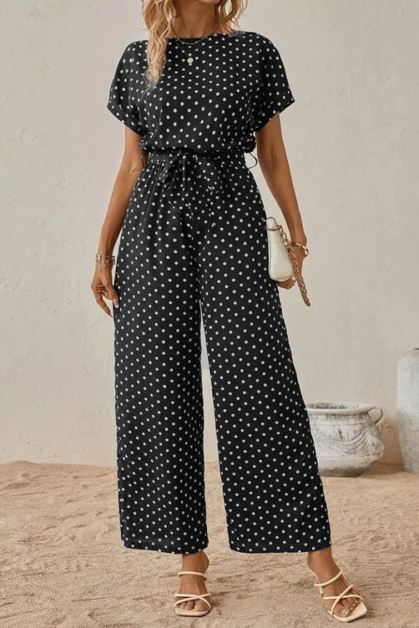 Kadın Kısa Kollu Kayık Yaka Belden Kuşaklı örme Krep Tulum