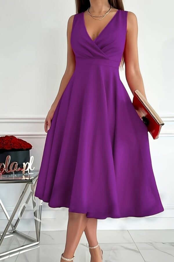 Kadın Ithal Krep Kumaş Kruvaze Yaka Eteği Kloş Kolsuz Mini Elbise