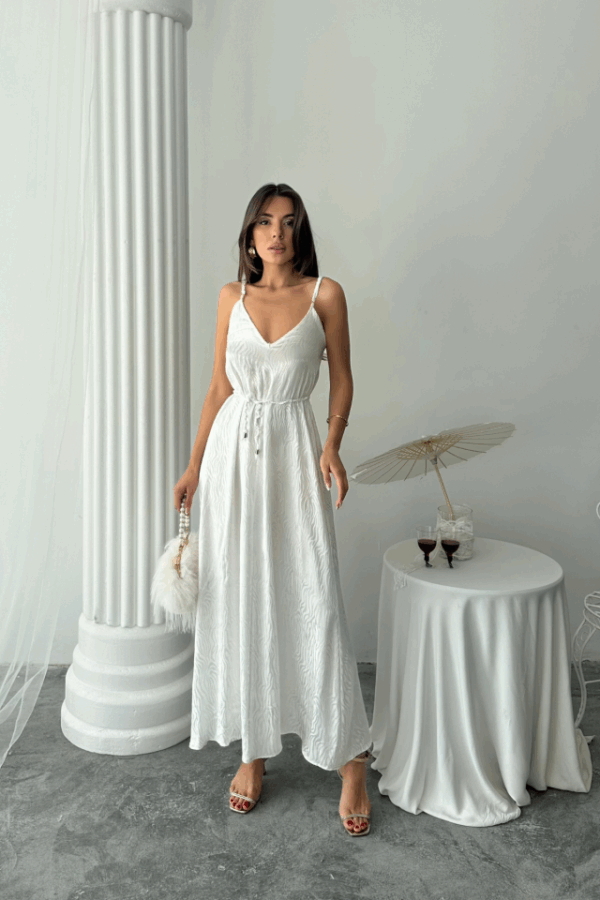 JAKAR SATEN DEGAJE ASKILI ELBİSE İP KEMERLİ - Beyaz