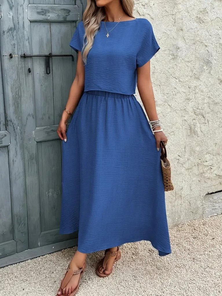 Kadın Kısa Kollu Bisiklet Yaka Bluz Etekli Ithal Keten Ikili Takım - Görsel 6