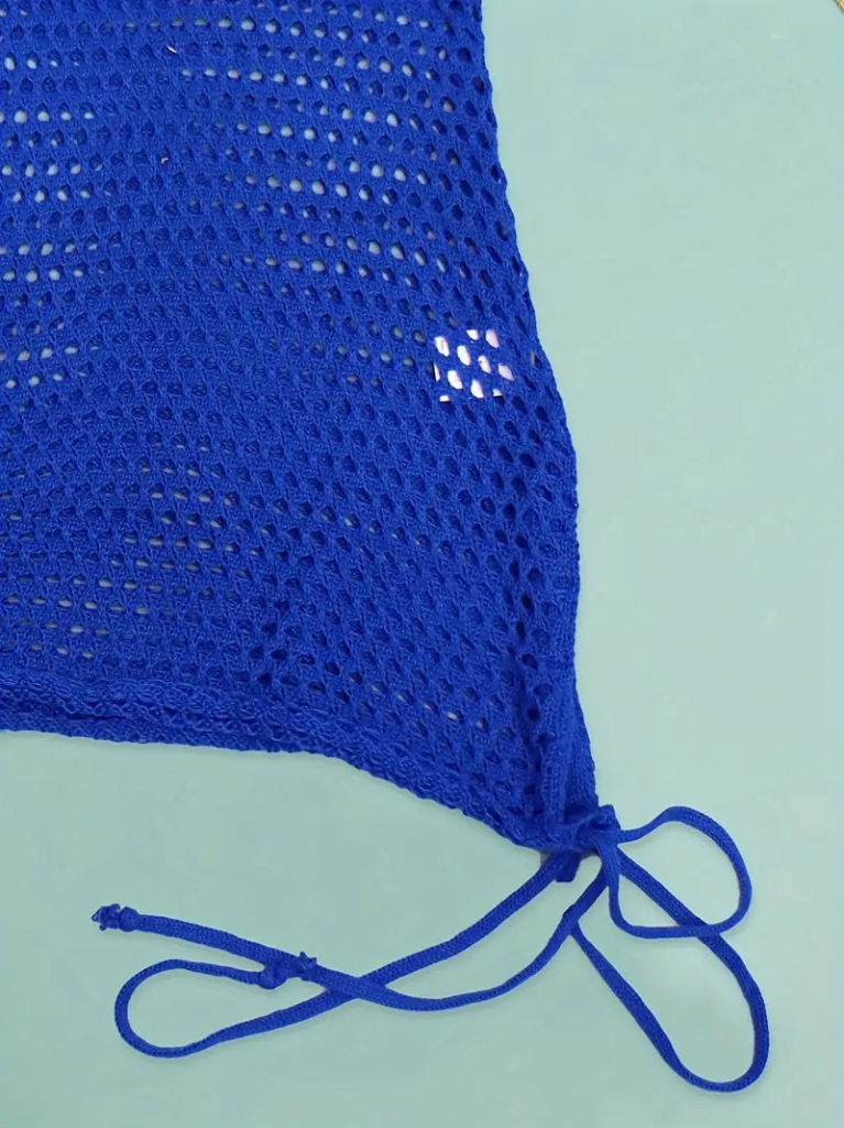 Kadın Askılı Eteği Büzgü Bağlama Detay Delikli örme Triko Pareo Elbise - Görsel 14