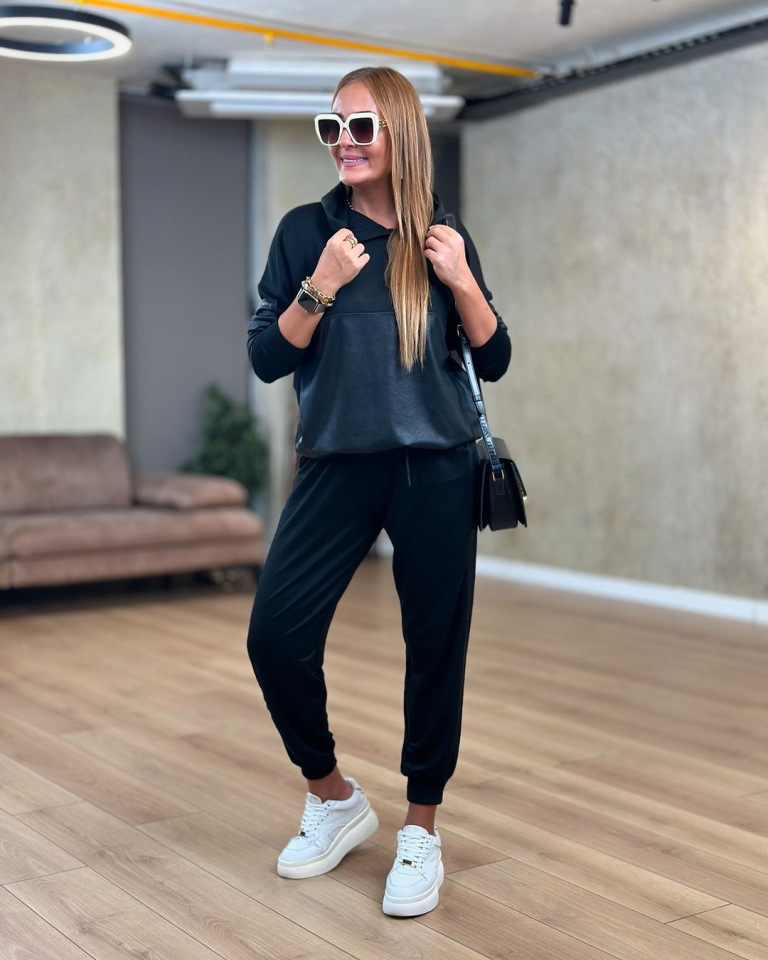 Kadın Uzun Kollu Kapüşonlu Oversize Sweat Ve Pantolon Ikili Takım - Görsel 2