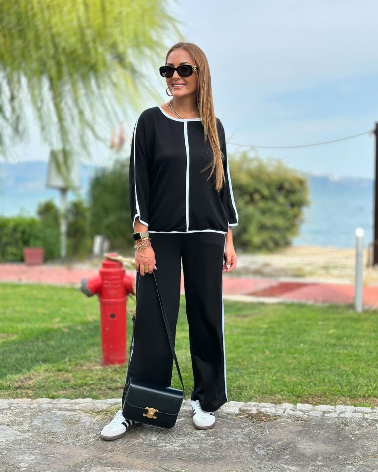 Kadın Bisiklet Yaka Truvakar Kol Biye Detay Bluz Ve Yüksek Bel Lastikli Pantolon Ikili Takım - Görsel 3