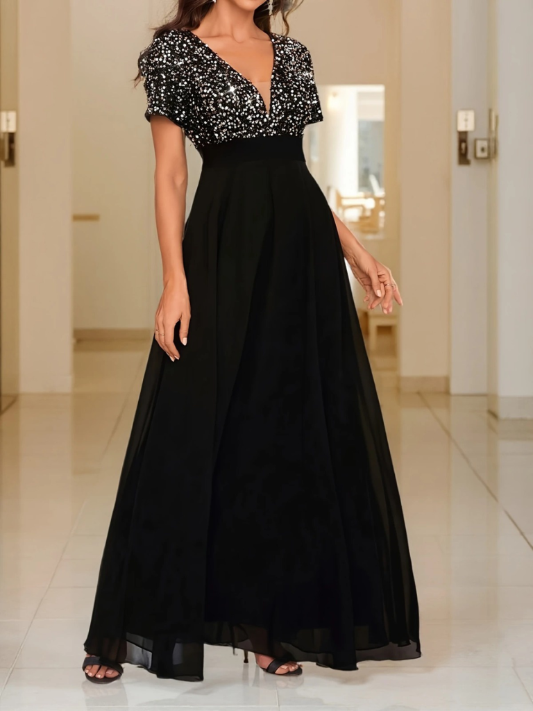 Kadın Kısa Kollu Derin V Yakalı A Kesim Pulpayet Detaylı şifon Nedime Elbisesi - Görsel 2