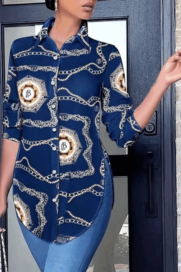 Kadın Uzun Kollu Yanları Yırtmaç Detay Desenli Gömlek