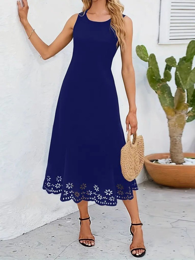 Kadın Kolsuz Etek Ucu Lazer Kesim çiçek Desenli Midi Boy Janjan Krep Elbise - Görsel 17