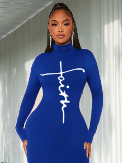 Kadın Uzun Kollu Boğazlı Baskı Detaylı Viskon Tam Boy Elbise - Görsel 8