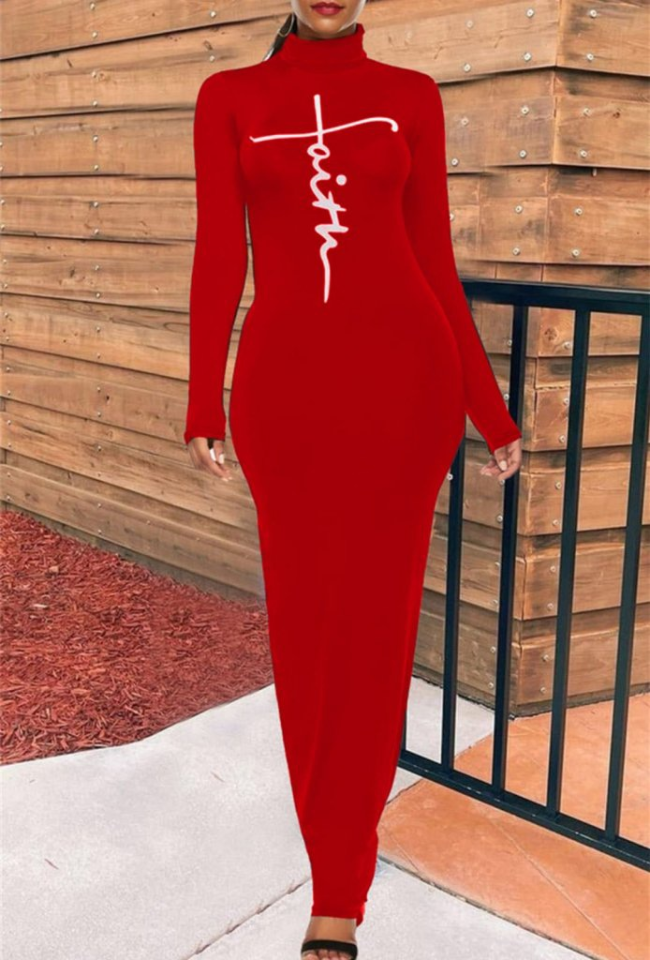 Kadın Uzun Kollu Boğazlı Baskı Detaylı Viskon Tam Boy Elbise - Görsel 2