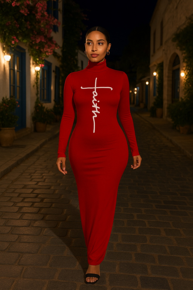 Kadın Uzun Kollu Boğazlı Baskı Detaylı Viskon Tam Boy Elbise