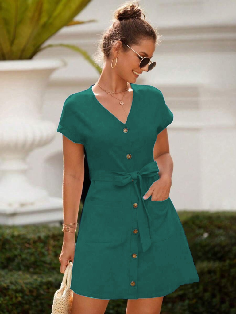 Kadın Kısa Kollu V Yakalı önden Düğmeli Belden Kuşaklı Cepli Sofya Elbise - Görsel 11