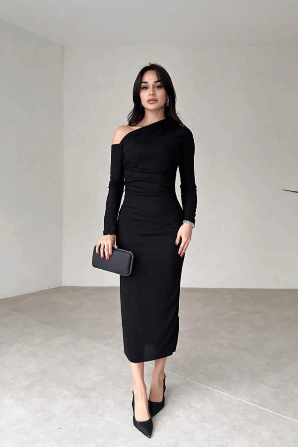 Kadın Uzun Kollu Omuz Dekolteli Içi Astarli Midi Boy Tül Elbise