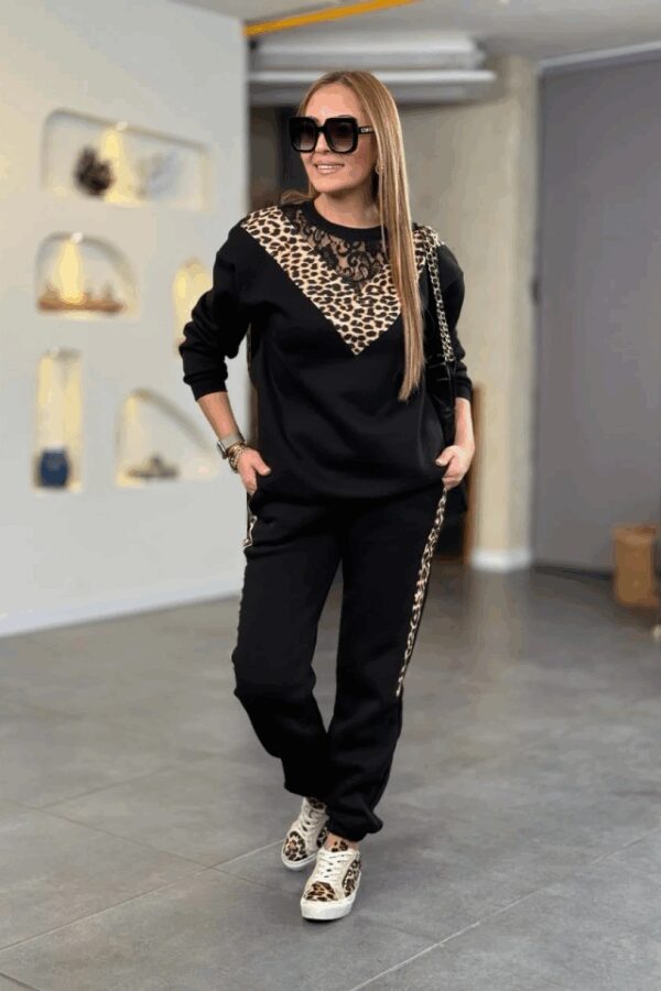 Kadın üç Iplik Kumaş Leopar Desenli Dantel Detaylı Ikili Takım