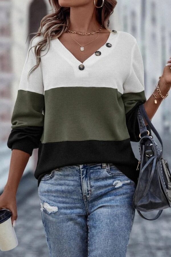 Kadın Uzun Kollu V Yakalı Düğmeli çok Renkli Waffle Bluz