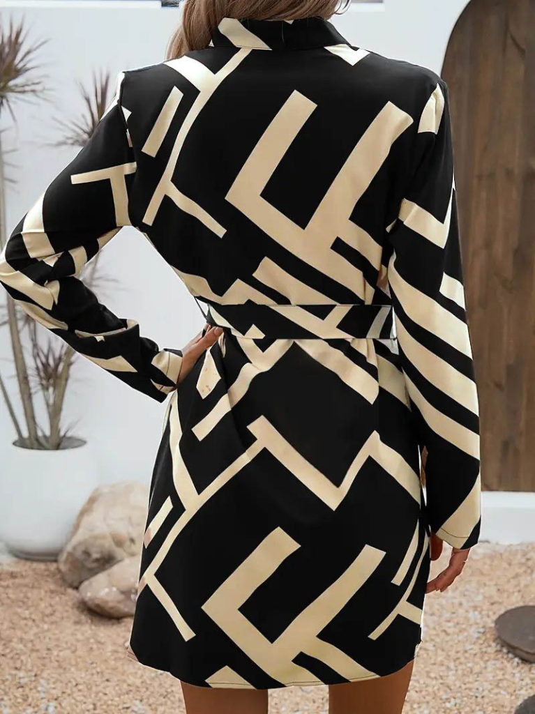 Kadın Uzun Kollu V Yakalı Desenli Belinde Kuşaklı Dalgıç Elbise - Görsel 8