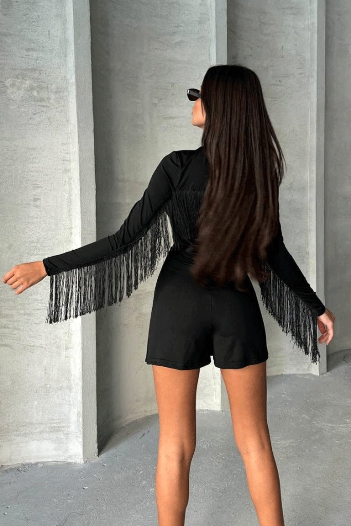 Kadın Uzun Kollu Balıkçı Yaka Püsküllü Kuşaklı Ithal Krep Tulum - Görsel 2