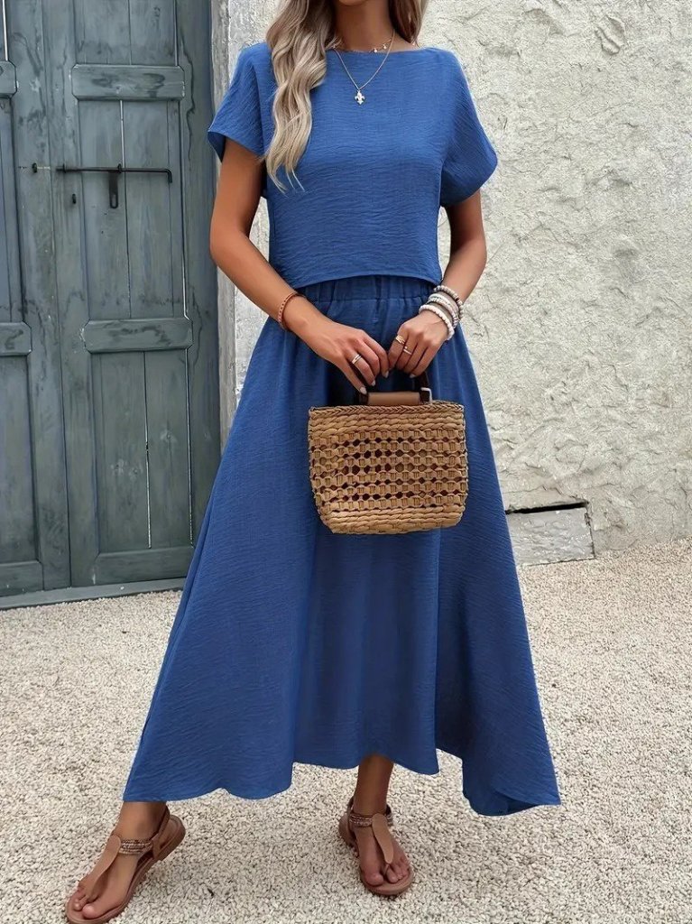 Kadın Kısa Kollu Bisiklet Yaka Bluz Etekli Ithal Keten Ikili Takım - Görsel 3