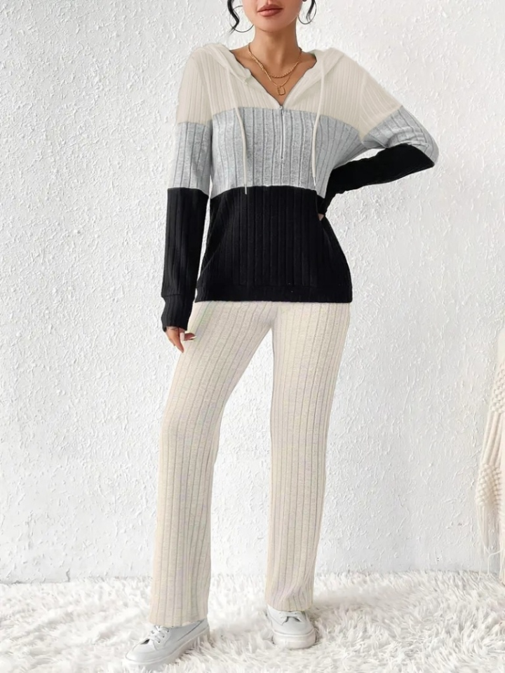 Kadın Uzun Kollu Kapşonlu Bağcıklı Blok Renkli şardonlu Kaşkorse Bluz Ve Pantolon Ikili Takım - Görsel 2