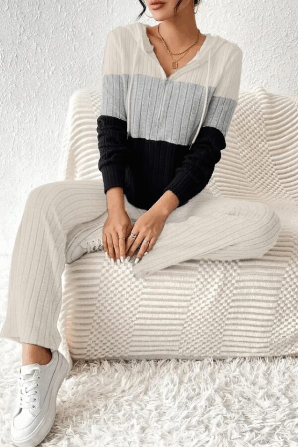 Kadın Uzun Kollu Kapşonlu Bağcıklı Blok Renkli şardonlu Kaşkorse Bluz Ve Pantolon Ikili Takım