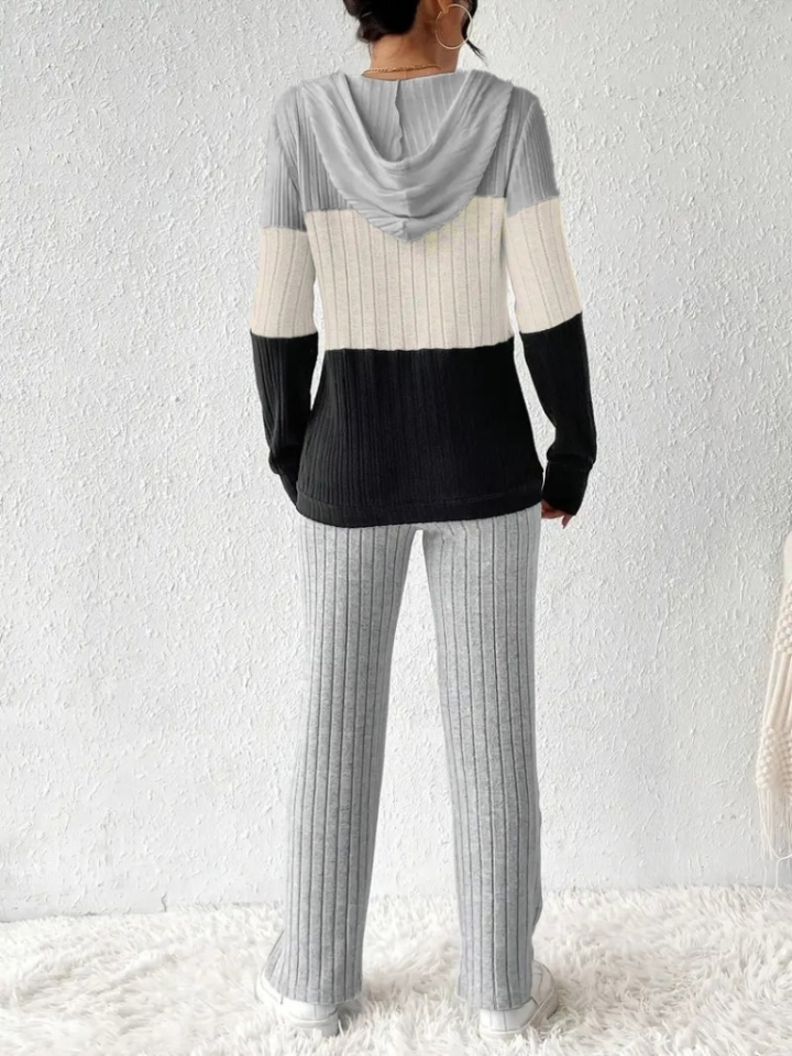 Kadın Uzun Kollu Kapşonlu Bağcıklı Blok Renkli şardonlu Kaşkorse Bluz Ve Pantolon Ikili Takım - Görsel 6