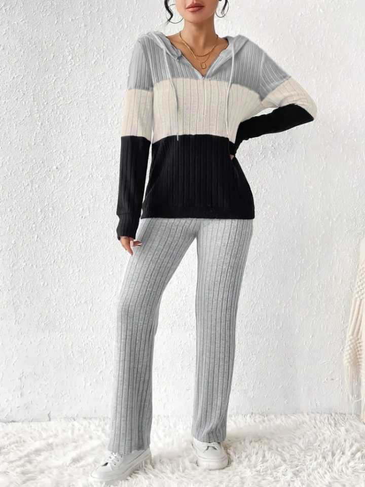 Kadın Uzun Kollu Kapşonlu Bağcıklı Blok Renkli şardonlu Kaşkorse Bluz Ve Pantolon Ikili Takım - Görsel 7