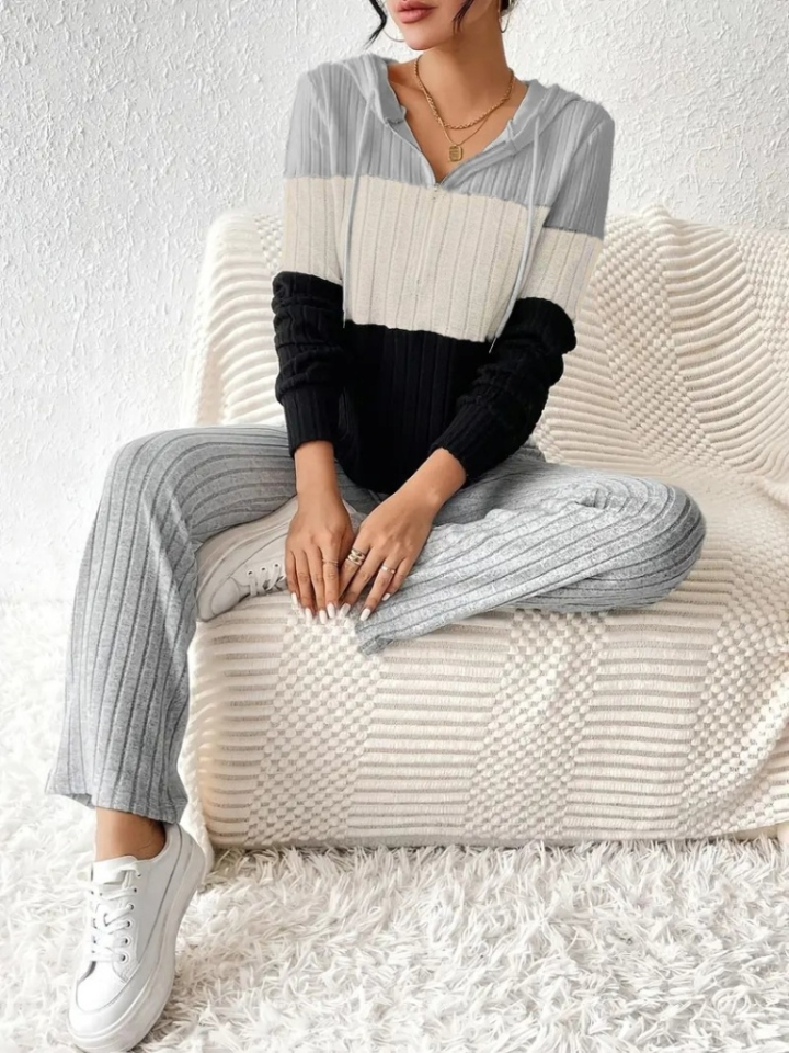 Kadın Uzun Kollu Kapşonlu Bağcıklı Blok Renkli şardonlu Kaşkorse Bluz Ve Pantolon Ikili Takım - Görsel 4