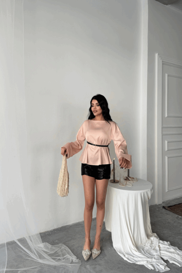 KEMER DETAYLI SATEN BLUZ - Pembe