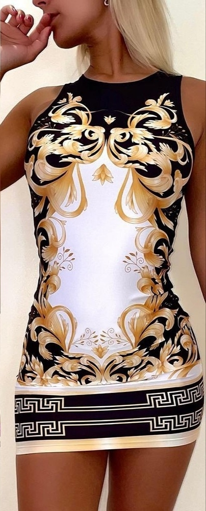 Kadın Sıfır Kollu Bisiklet Yaka Dijital Baskı Dalgıç Mini Elbise - Görsel 4